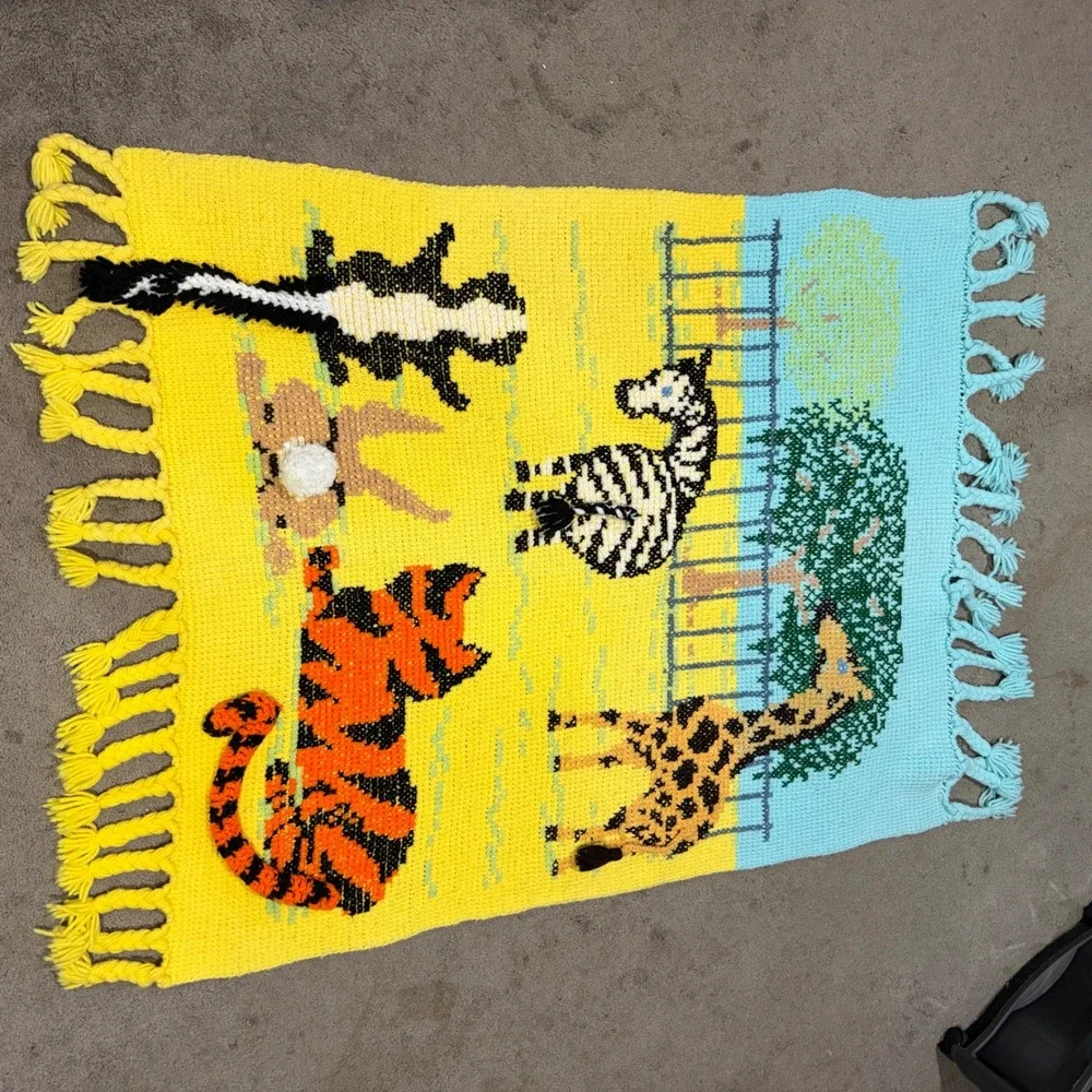 Vintage Handmade Crochet Zoo Animal Baby Blanket 3D Tiger Giraffe Zebra Yellow